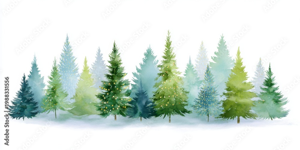 Obraz premium a forest of pine trees decorated with lights, a watercolor art on a white background.