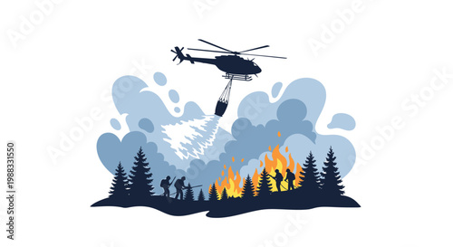 Wildfire rescue, helicopter dropping water, forest firefighting, emergency response