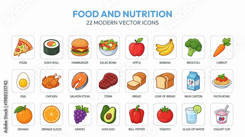 Food and nutrition modern vector icons set of 22 images