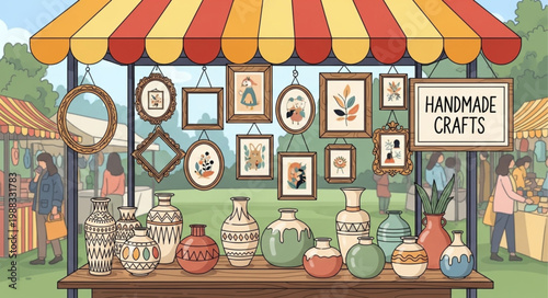 Handmade Crafts Stall at Outdoor Market Displaying Vases and Artwork.