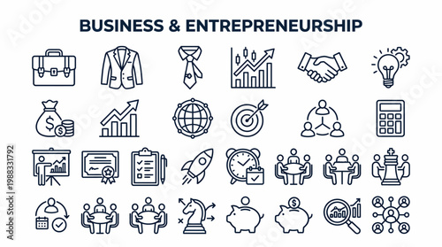 Business and entrepreneurship icons set for finance and management