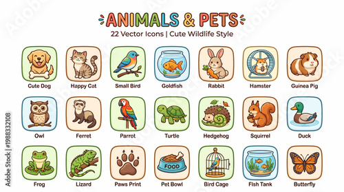 Cute wildlife style vector icons of various animals and pets