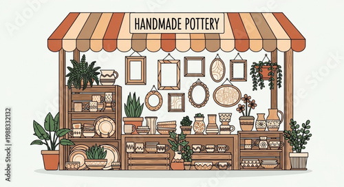 Handmade Pottery Shop Display with Shelves and Plants.
