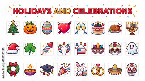 Holidays and celebrations icons set with Christmas tree Easter egg Halloween pumpkin and other symbols