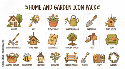 Home and garden icon pack with various gardening tools and objects