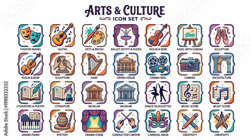Vibrant arts and culture icon set with various artistic symbols