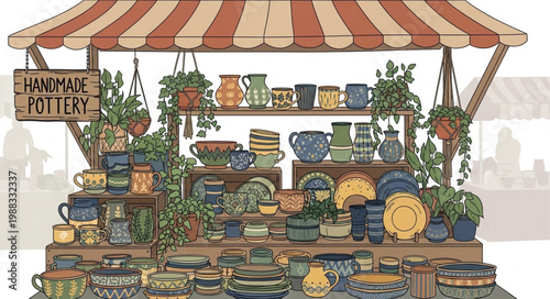 Handmade Pottery Stall Displayed Outdoors.