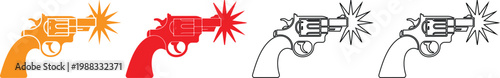 Four different colored revolver guns with explosion effects on white background  orange red black and white revolvers with burst  gun icons