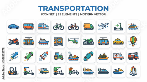 Transportation icon set with 25 modern vector elements