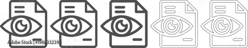 Line style icons of documents with an eye on each document in black gray and white colors for privacy and data protection concepts  set of five icons
