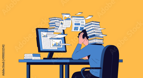 Stressed professional overwhelmed by a mountain of paperwork and digital data, struggling to manage deadlines and immense workload in a demanding office environment