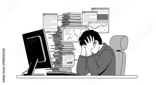 Stressed employee overwhelmed by a huge workload, mountains of data, and endless tasks, experiencing significant burnout and mental fatigue at their busy office desk