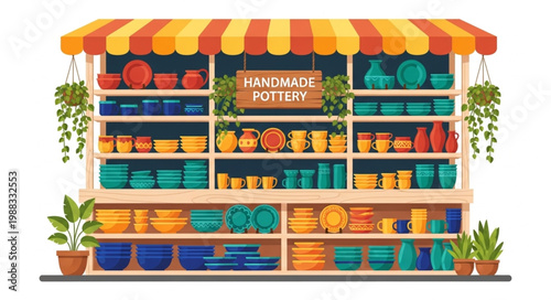 Handmade Pottery Stall Displaying Colorful Ceramic Goods.