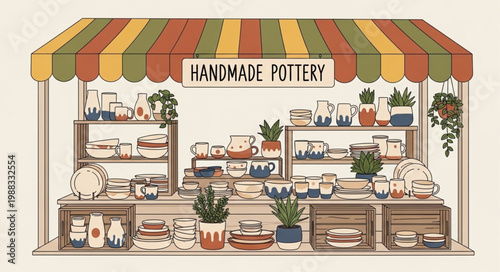 Handmade Pottery Stall Displaying Various Ceramic Items.