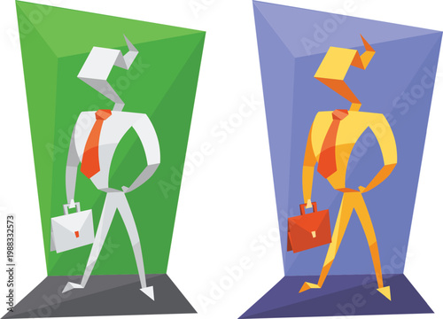 Two businessmen with briefcases standing in front of green and blue triangular backgrounds going down