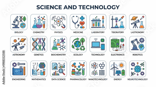 Science and Technology Icons Set Biology Chemistry Physics Medicine