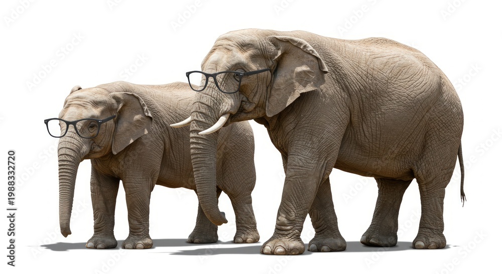 Fototapeta premium Two elephants wearing glasses standing.