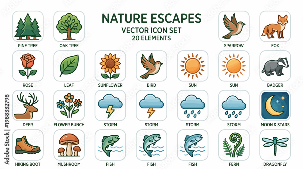 Fototapeta premium Nature Escapes Vector Icon Set 20 Elements