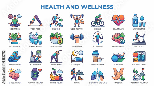 Health and wellness infographic with various icons and illustrations