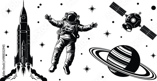 
Retro space exploration illustration featuring astronaut, rocket launch, saturn planet, and satellite in black white vintage style
