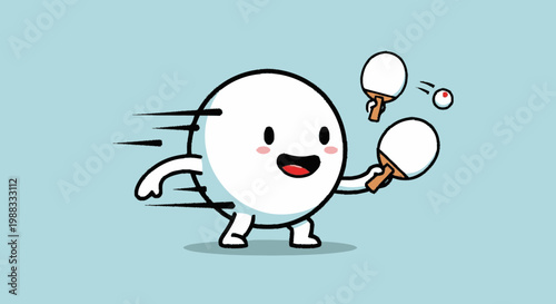 Cartoon character playing table tennis with paddles and ball on blue background