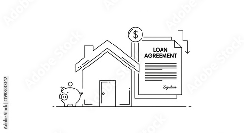 Home loan agreement and piggy bank illustration.