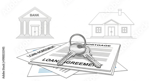 Home Loan Agreement and Keys with Bank and House Illustration.