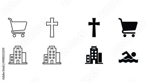 Assorted icons representing various activities and locations in simple graphics