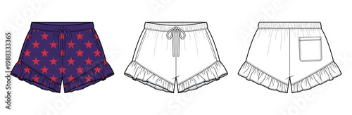 Ruffle Hem Lounge Shorts technical fashion illustration. women sleepwear shorts vector template. elastic waistband drawstring. frill hem. star print. front back view. casual loungewear. CAD mockup.