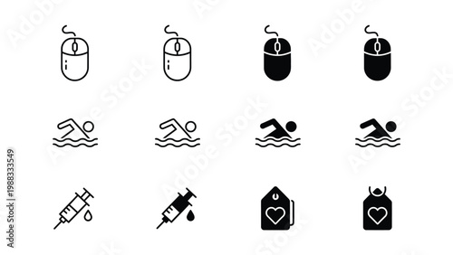 Collection of icons depicting technology, sports, health, and care activities