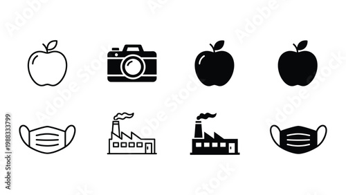 Contrasting icons of health, technology, and industry in black and white
