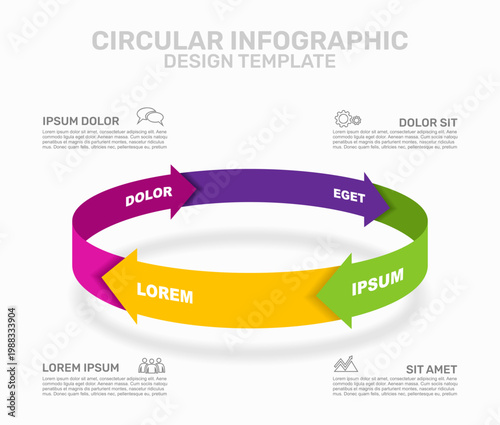Modern circular infographic template with four steps, arrows, and icons for business process or workflow visualization. Vector illustration.