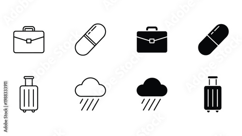 Contrasting icons of business, health, travel, and weather elements in black and white