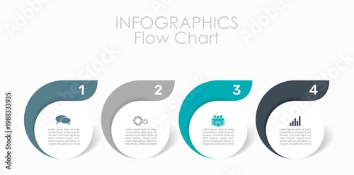 Horizontal business infographic template with four steps, circular elements, and icons for workflow or process visualization. Vector illustration.