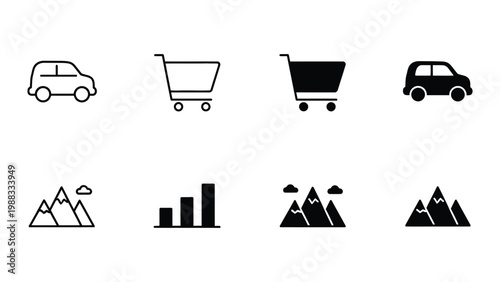 Contrast of shopping, transportation, and nature with varying icon styles