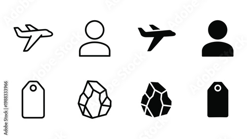 Contrasting icons of travel, luggage, and gemstones with filled and unfilled designs