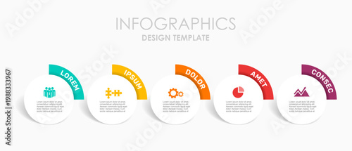 Horizontal business infographic template with five steps, circular elements, and icons for workflow or process visualization. Vector illustration.