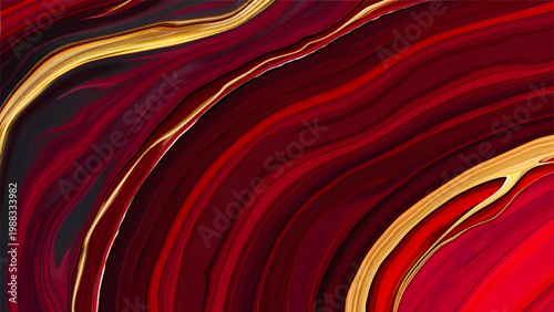 Abstract red silk background with flowing red and yellow wave patterns, smooth satin texture, spiral motion design and elegant abstract fabric art