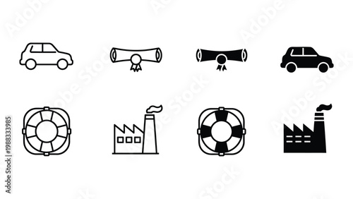 Collection of icons representing transportation and industrial safety