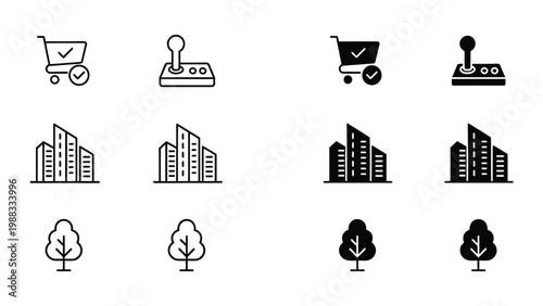 Contrasting icons depicting shopping, gaming, urban buildings, and nature with color variations