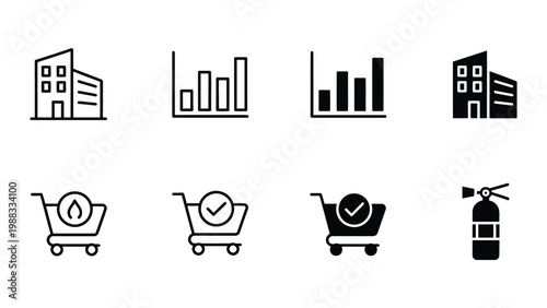 Icons representing commercial property, growth, shopping, and safety features