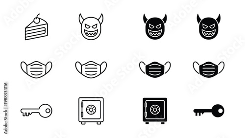 Mischievous icons combining food, masks, keys, and devilish faces in a playful arrangement
