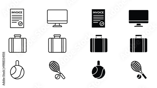 Contrasting pairs of icons depicting invoices, luggage, monitors, and sports equipment in black and white
