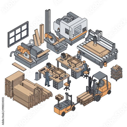 Woodworking Factory Machines and Equipment Illustration.