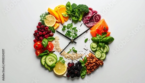 Creative concept of healthy food clock made from various fresh ingredients such as fruits, vegetables, nuts and salmon, symbolizing balanced nutrition, strict diet or time management s