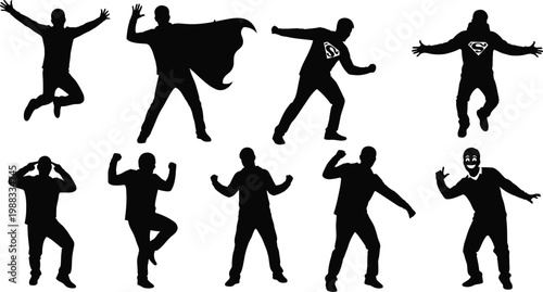 Superhero men silhouette set black poses jumping flying cape flexing action hero character collection illustration