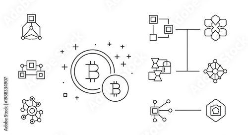 Bitcoin Cryptocurrency Network and Blockchain Technology Icons.