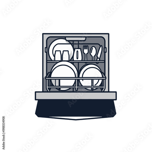 Dishwasher with Plates Cutlery Open Door Flat Icon
