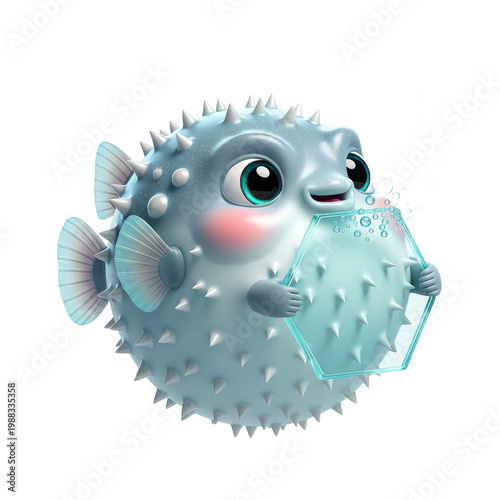 Cute puffer fish with hexagon bubble