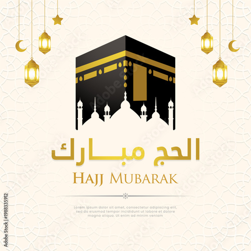 Hajj Mubarak greeting poster featuring a 3D Kaaba illustration surrounded by a majestic mosque skyline with domes and minarets on a subtle geometric background.